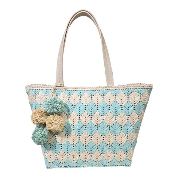 BTB Los Angeles Bria Straw Tote Cream Blue Woven Tote Bag Pom-Poms - Picture 1 of 8